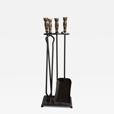 Early 20th Century Iron Fire Tool Set with Cast Brass Owl Form Handles