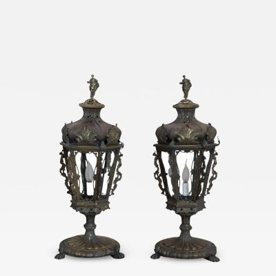 Early 20th Century Italian Bronze Pair fo Table Lamps or Lanterns