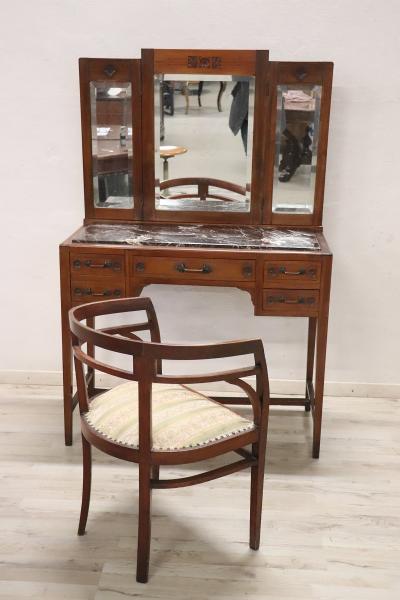 Early 20th Century Italian Cherry Wood Vanity Table with Armchair