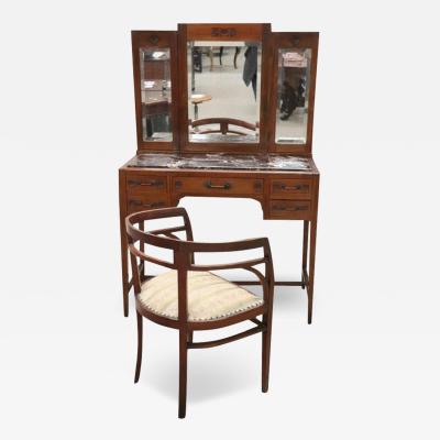 Early 20th Century Italian Cherry Wood Vanity Table with Armchair