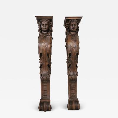 Early 20th Century Italian Pair of Caryatid Pilasters in Carved Walnut