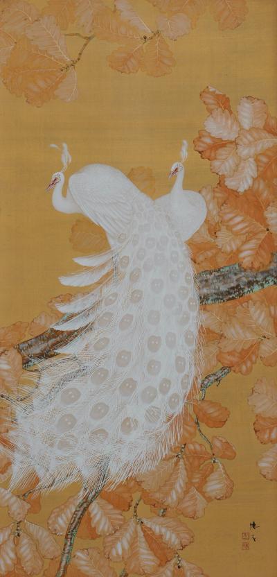 Early 20th Century Japanese Framed Painting White Peacocks