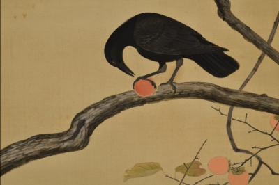 Early 20th Century Japanese Nihonga Scroll Crow Persimmon 