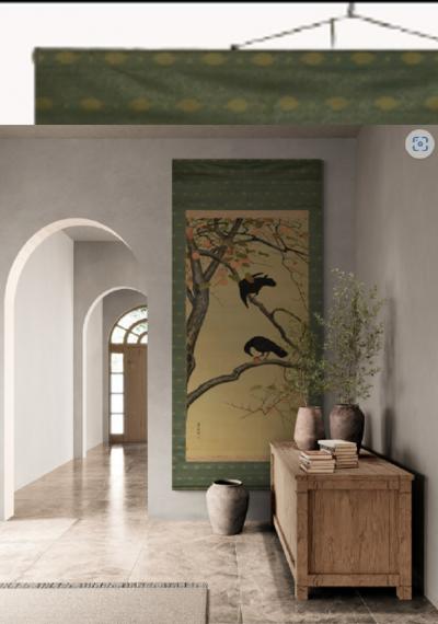 Early 20th Century Japanese Nihonga Scroll Crow Persimmon 