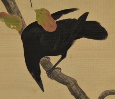 Early 20th Century Japanese Nihonga Scroll Crow Persimmon 