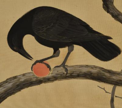 Early 20th Century Japanese Nihonga Scroll Crow Persimmon 