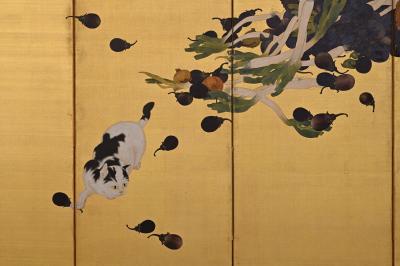 Early 20th Century Japanese Screen Cat Mouse by Otaki Uzan 