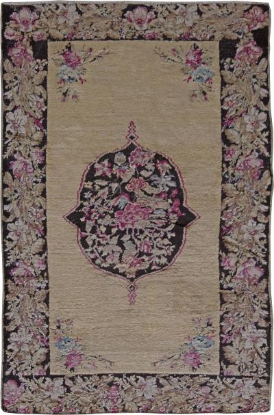 Early 20th Century Karabagh Black and Pink Flower Design Handmade Wool Rug
