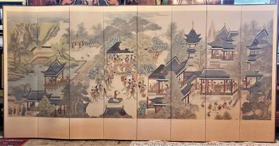 Early 20th Century Korean 8 Panel Hand Painted Screen