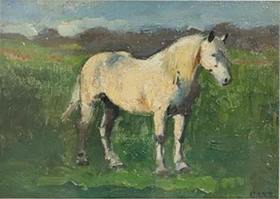 Early 20th Century Oil Painting on Board White Horse Signed by Edwin Ganz