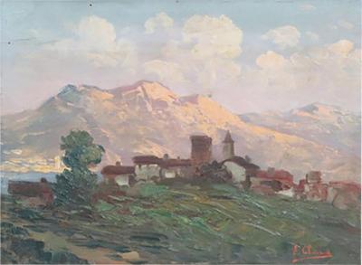 Early 20th Century Oil on Board Italian Painting Mountain Town Signed