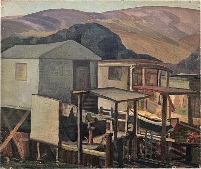 Early 20th Century Oil on Canvas Painting of Marin Houses by W F Rauschnabel