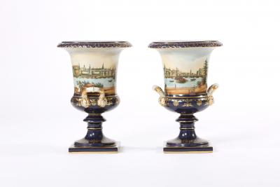 Early 20th Century Pair Porcelain Urns Campana Shaped Vases