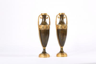 Early 20th Century Pair Tall Patinated Bronze Vases Pieces
