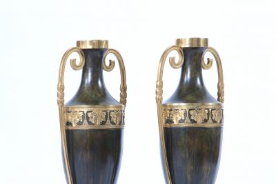 Early 20th Century Pair Tall Patinated Bronze Vases Pieces