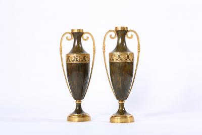 Early 20th Century Pair Tall Patinated Bronze Vases Pieces