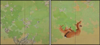 Early 20th Century Pair of Japanese Screens Deer under Maple Trees