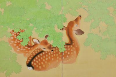 Early 20th Century Pair of Japanese Screens Deer under Maple Trees