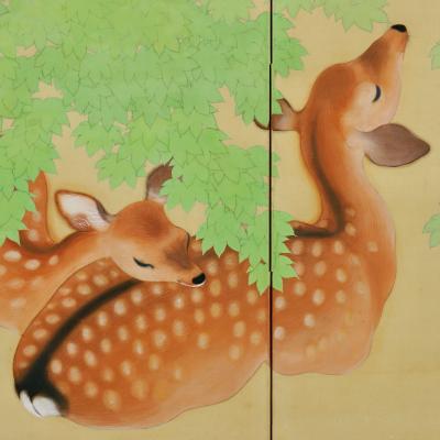 Early 20th Century Pair of Japanese Screens Deer under Maple Trees