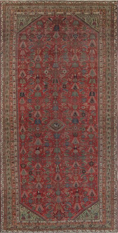Early 20th Century Persian Feraghan Green Pink Red and White Handmade Rug