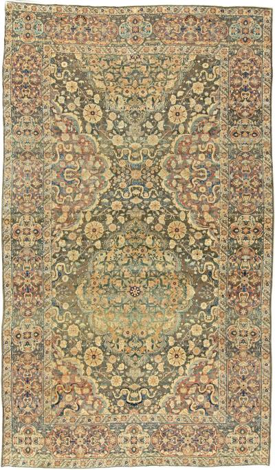 Early 20th Century Persian Kirman Bold Botanic Brown Green Yellow Wool Rug