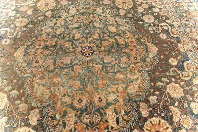 Early 20th Century Persian Kirman Bold Botanic Brown Green Yellow Wool Rug