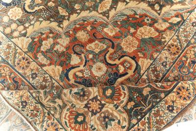 Early 20th Century Persian Kirman Bold Botanic Brown Green Yellow Wool Rug