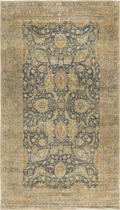 Early 20th Century Persian Kirman Indigo Camel Beige Handwoven Wool Rug