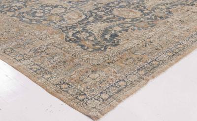 Early 20th Century Persian Kirman Indigo Camel Beige Handwoven Wool Rug