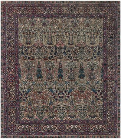 Early 20th Century Persian Kirman Wool Rug in Blue Brown Green Pink and Red
