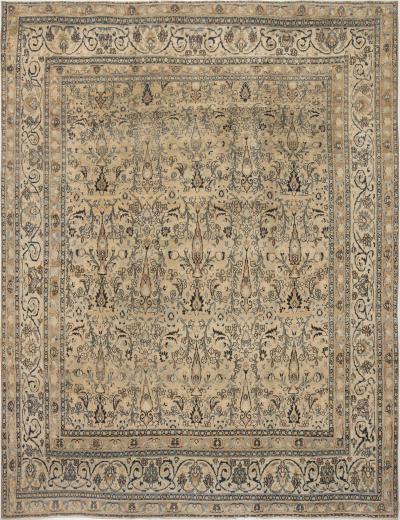 Early 20th Century Persian Meshad Beige and Teal Handwoven Wool Rug