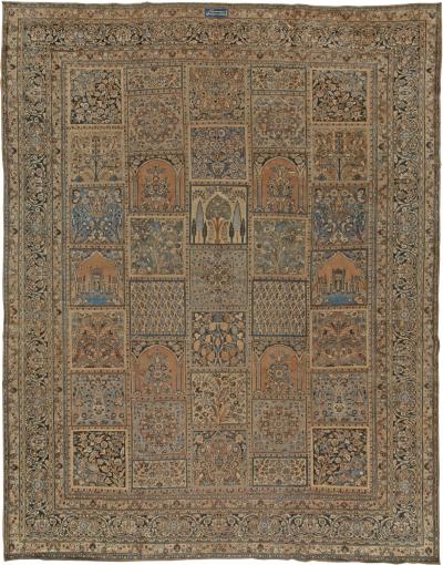 Early 20th Century Persian Meshad Rust Blue Walnut and Brown Handmade Wool Rug
