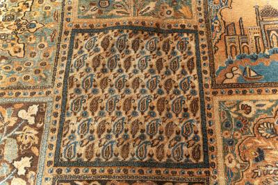 Early 20th Century Persian Meshad Rust Blue Walnut and Brown Handmade Wool Rug