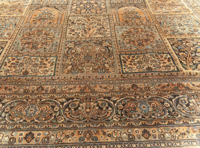 Early 20th Century Persian Meshad Rust Blue Walnut and Brown Handmade Wool Rug