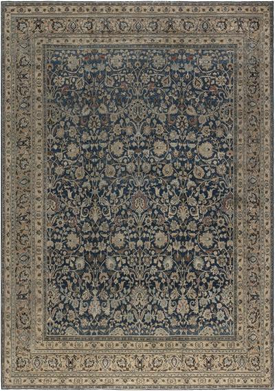 Early 20th Century Persian Tabriz Blue Brown Handmade Wool Carpet