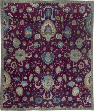 Early 20th Century Purple Background Floral Indian Handmade Wool Rug
