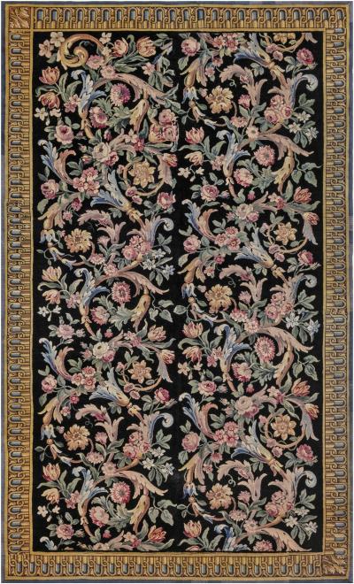 Early 20th Century Savonnerie Floral Black Background Wool Rug Size Adjusted 