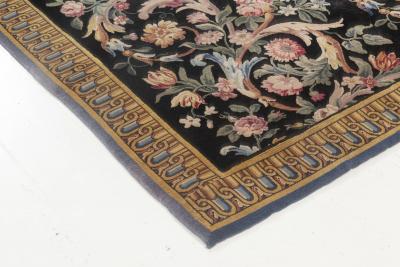 Early 20th Century Savonnerie Floral Black Background Wool Rug Size Adjusted 