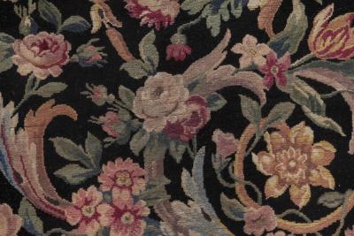 Early 20th Century Savonnerie Floral Black Background Wool Rug Size Adjusted 