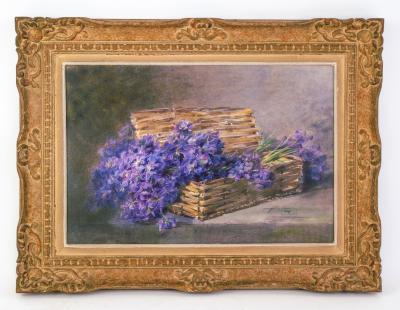 Early 20th Century Still Life of Violets in Basket Artist Unknown