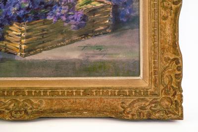 Early 20th Century Still Life of Violets in Basket Artist Unknown