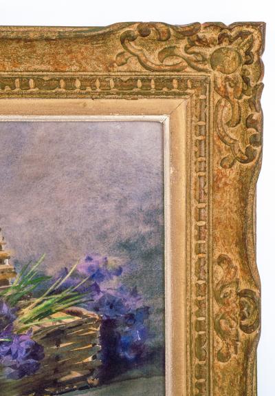 Early 20th Century Still Life of Violets in Basket Artist Unknown