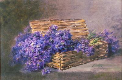 Early 20th Century Still Life of Violets in Basket Artist Unknown