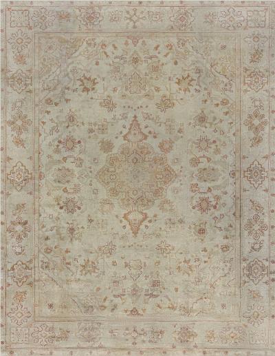 Early 20th Century Turkish Oushak Beige Gold Orange Hand Knotted Wool Rug
