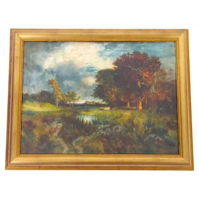 Early 20th Century Wood Framed Oil Board Decorative Painting