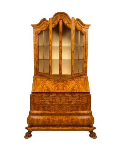 Early 20th century Dutch Marquetry Trumeau Library Cabinet with Drop Front Desk