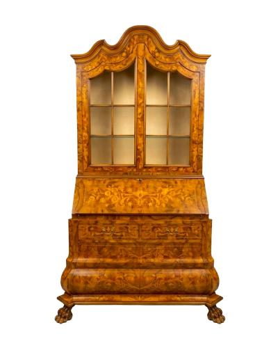 Early 20th century Dutch Marquetry Trumeau Library Cabinet with Drop Front Desk