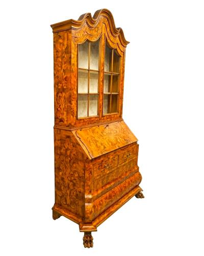Early 20th century Dutch Marquetry Trumeau Library Cabinet with Drop Front Desk