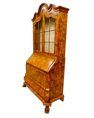 Early 20th century Dutch Marquetry Trumeau Library Cabinet with Drop Front Desk