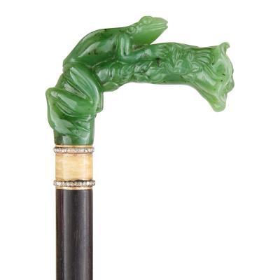 Early 20th century nephrite diamond and enamel frog shaped cane